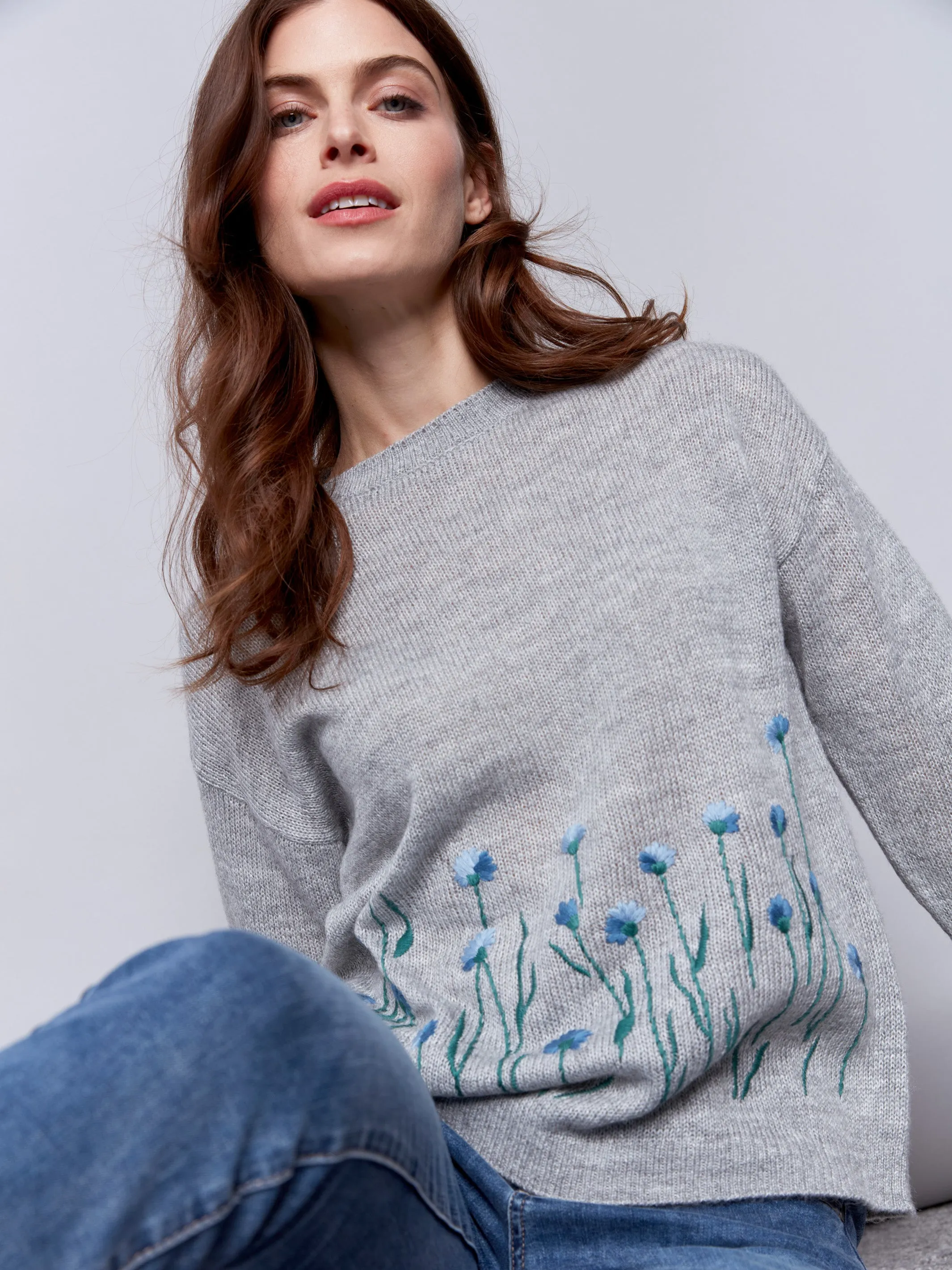 Sweater With Embroidered Flowers - Grey - H-Grey