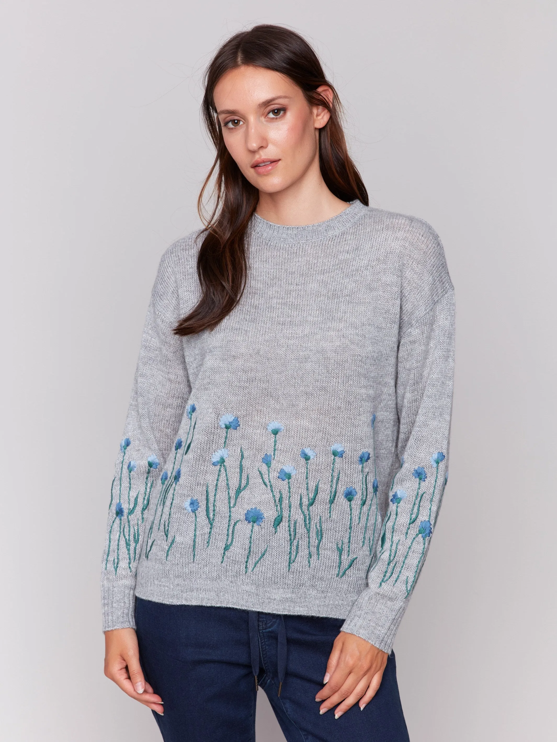 Sweater With Embroidered Flowers - Grey - H-Grey