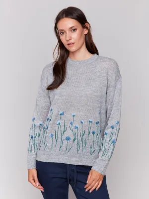 Sweater With Embroidered Flowers - Grey - H-Grey