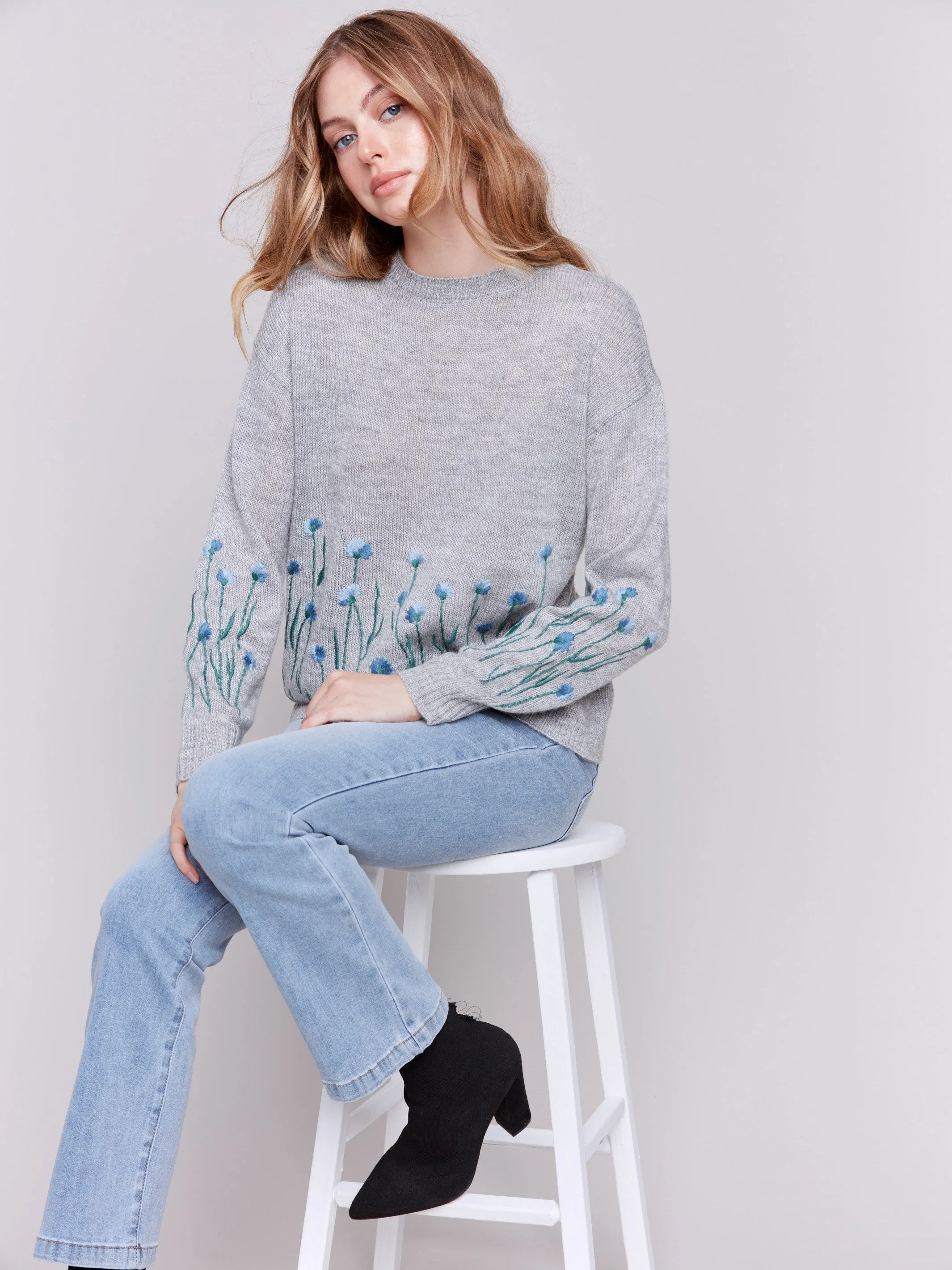 Sweater With Embroidered Flowers - Grey - H-Grey