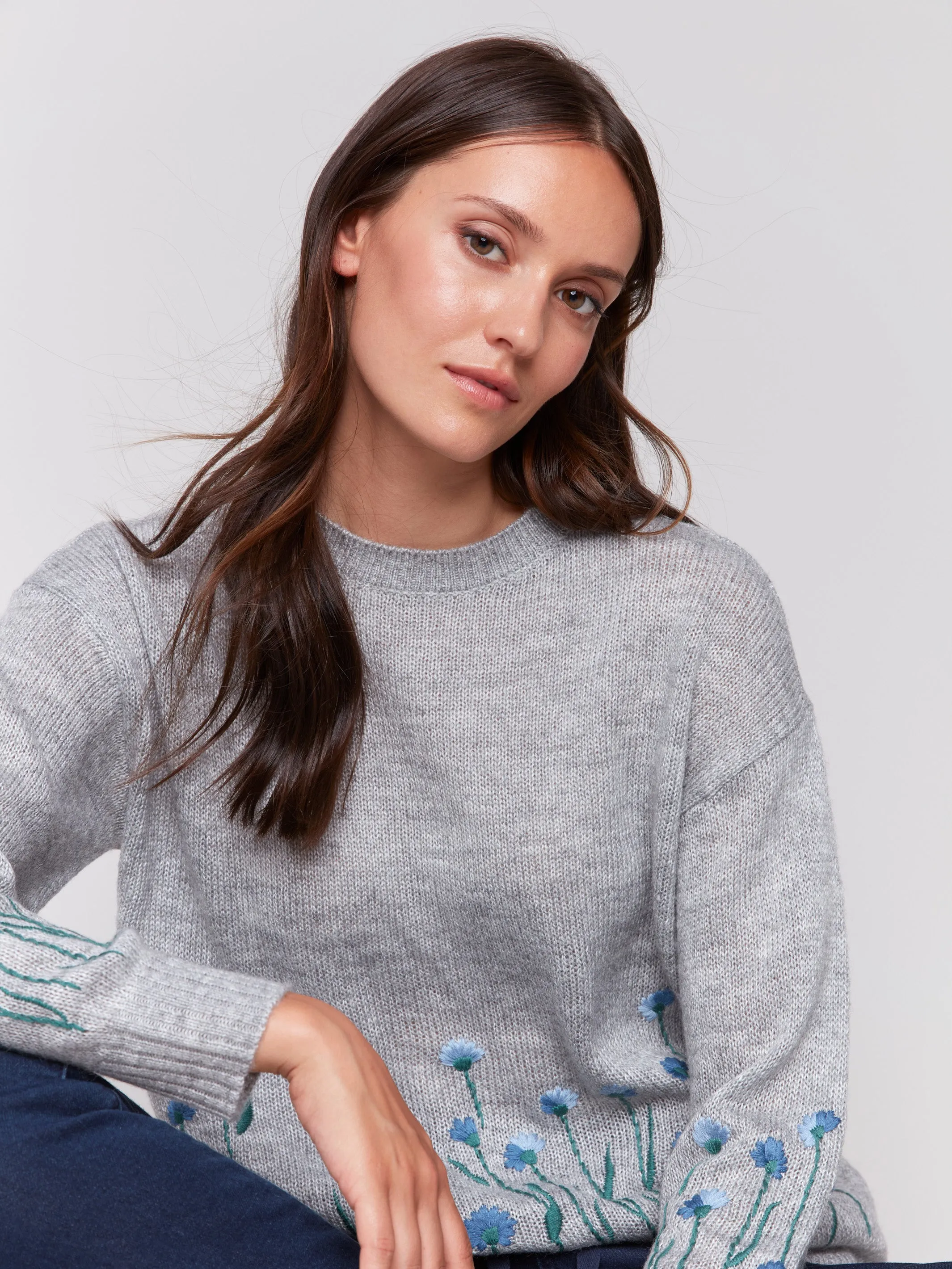 Sweater With Embroidered Flowers - Grey - H-Grey