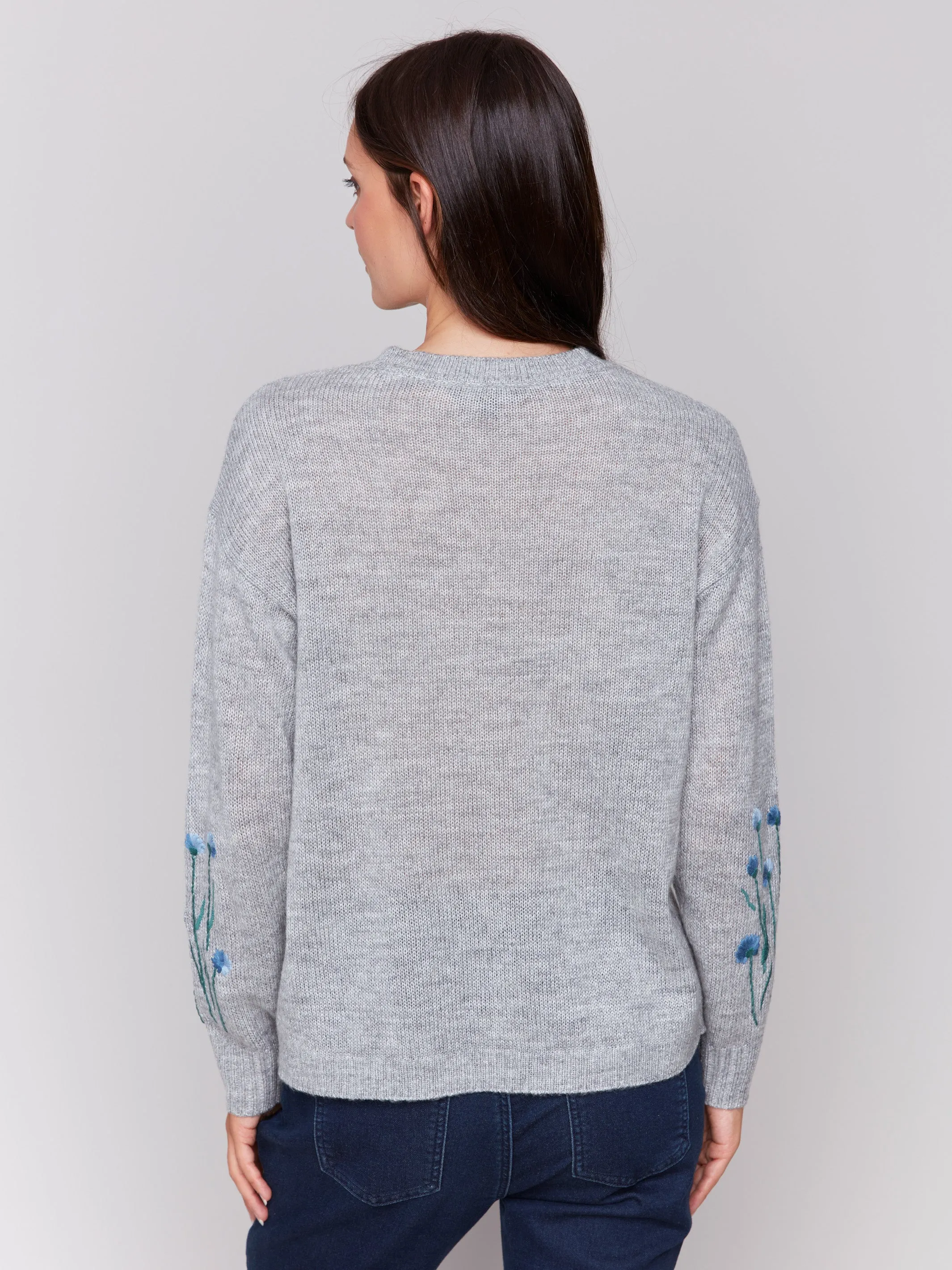Sweater With Embroidered Flowers - Grey - H-Grey