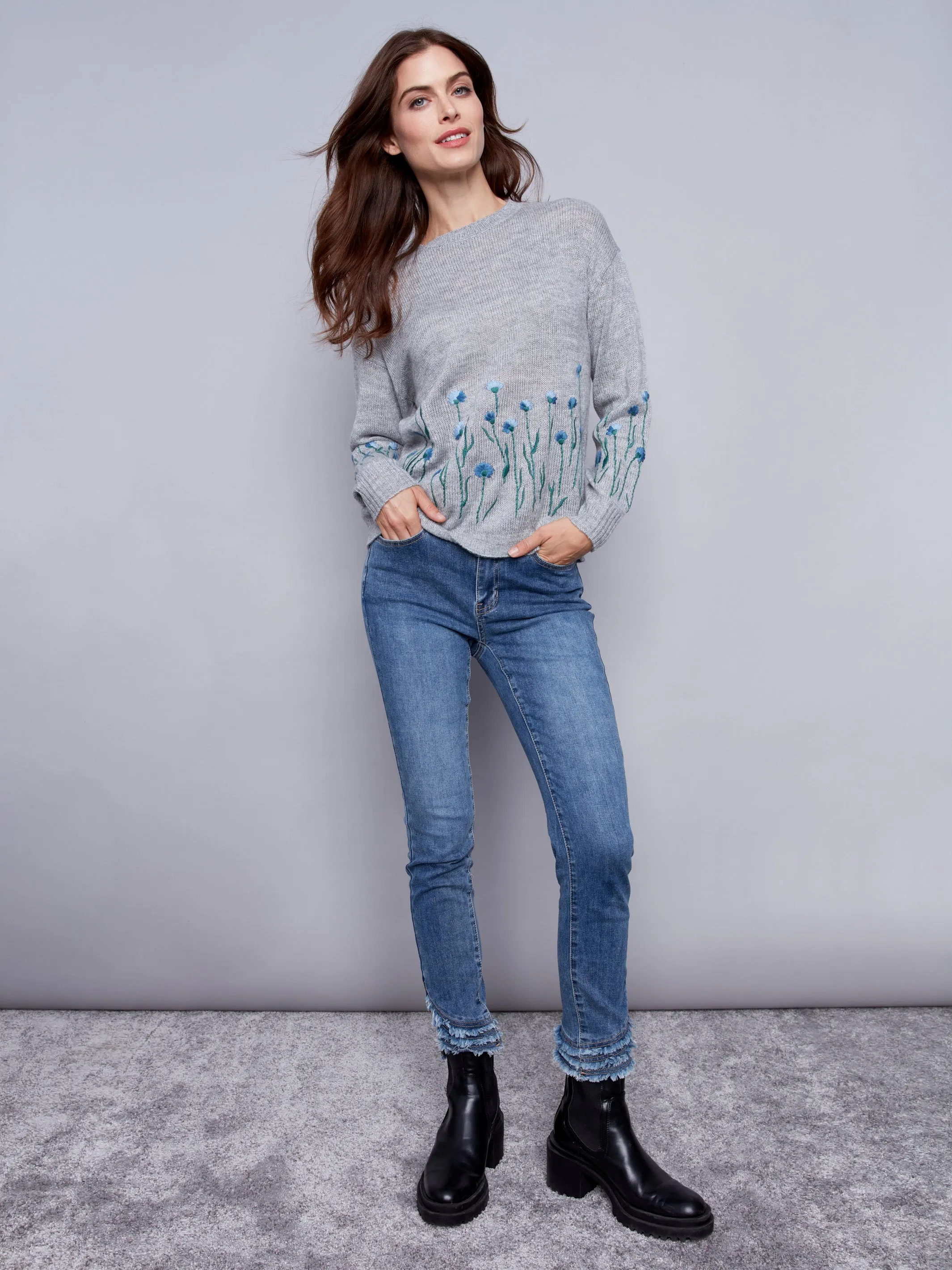 Sweater With Embroidered Flowers - Grey - H-Grey