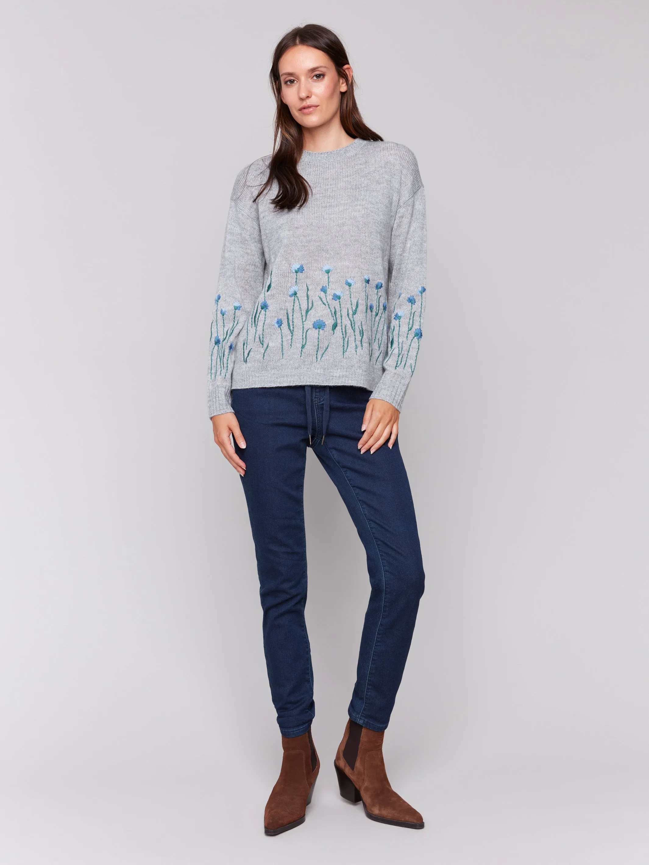 Sweater With Embroidered Flowers - Grey - H-Grey
