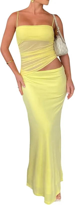 Two Piece Skirt Set for Women - Summer Vacation Outfits Sleeveless Asymmetrical Mesh Tank Crop Top Maxi Long Skirts