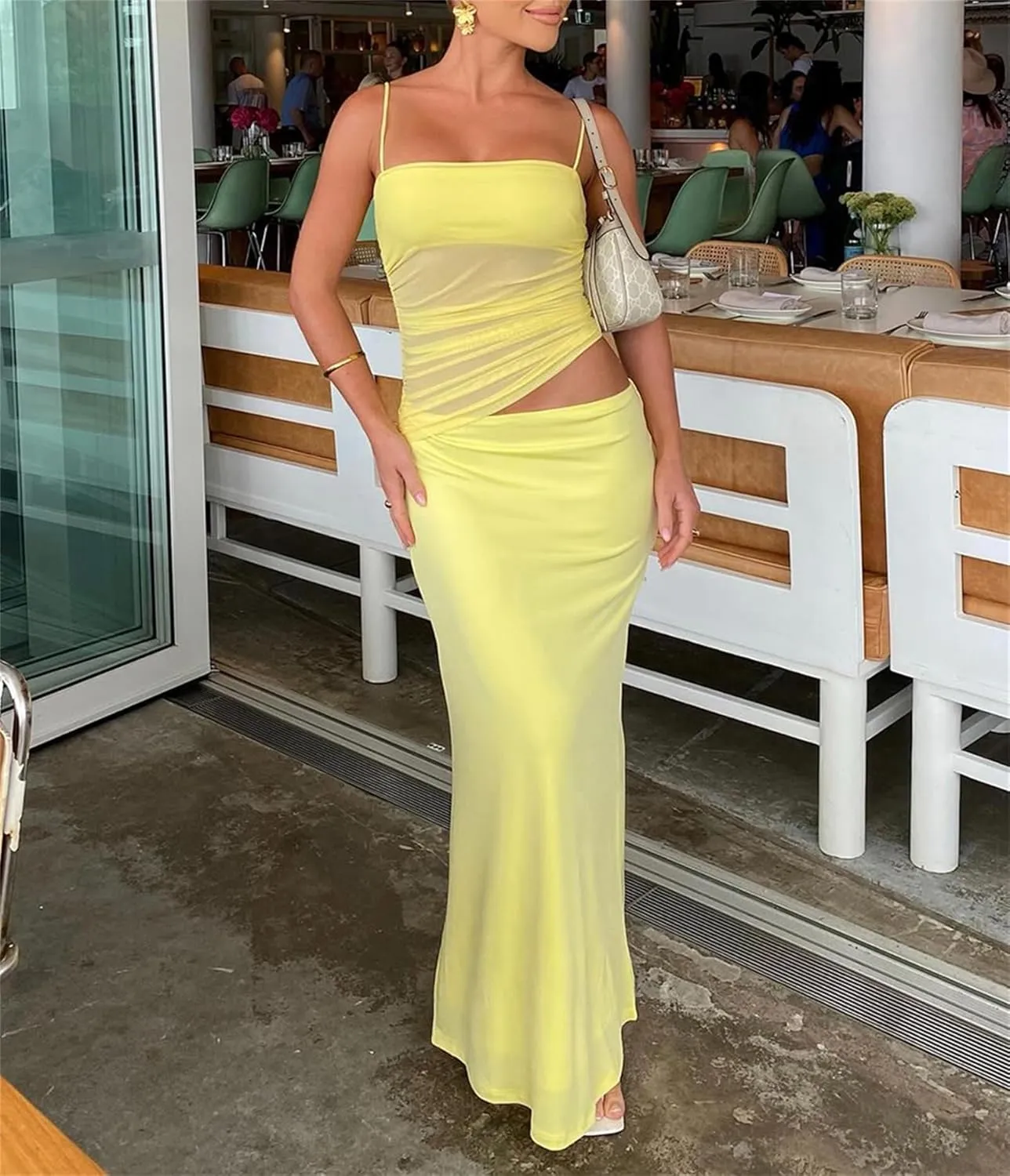 Two Piece Skirt Set for Women - Summer Vacation Outfits Sleeveless Asymmetrical Mesh Tank Crop Top Maxi Long Skirts