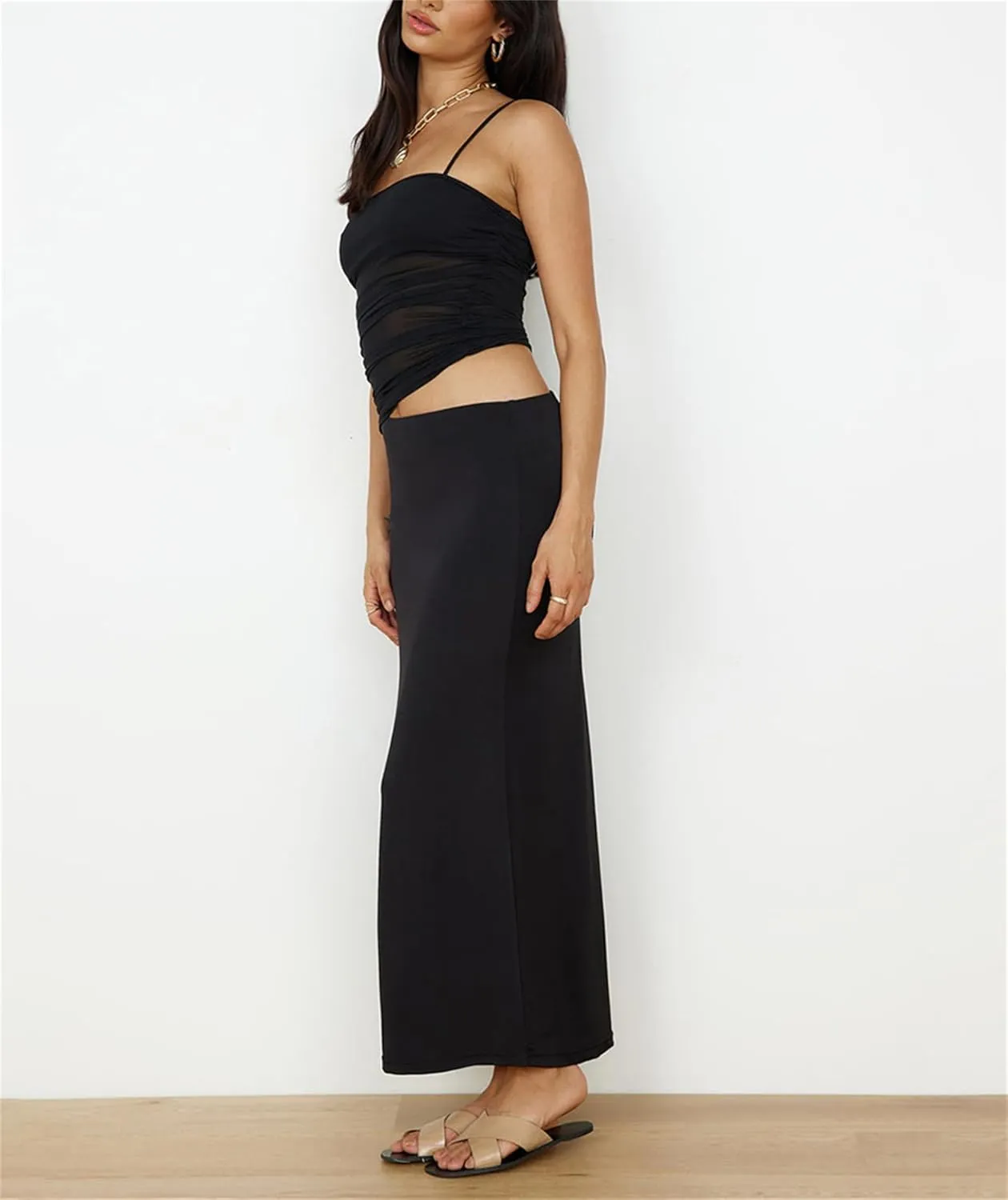 Two Piece Skirt Set for Women - Summer Vacation Outfits Sleeveless Asymmetrical Mesh Tank Crop Top Maxi Long Skirts