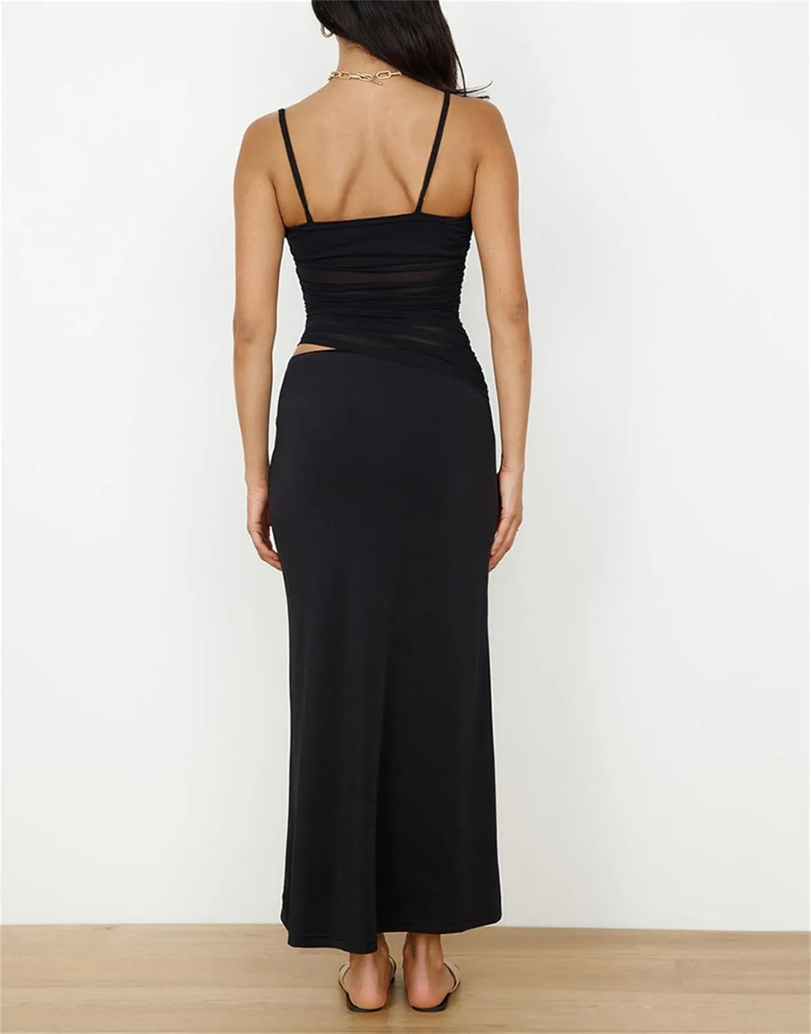 Two Piece Skirt Set for Women - Summer Vacation Outfits Sleeveless Asymmetrical Mesh Tank Crop Top Maxi Long Skirts