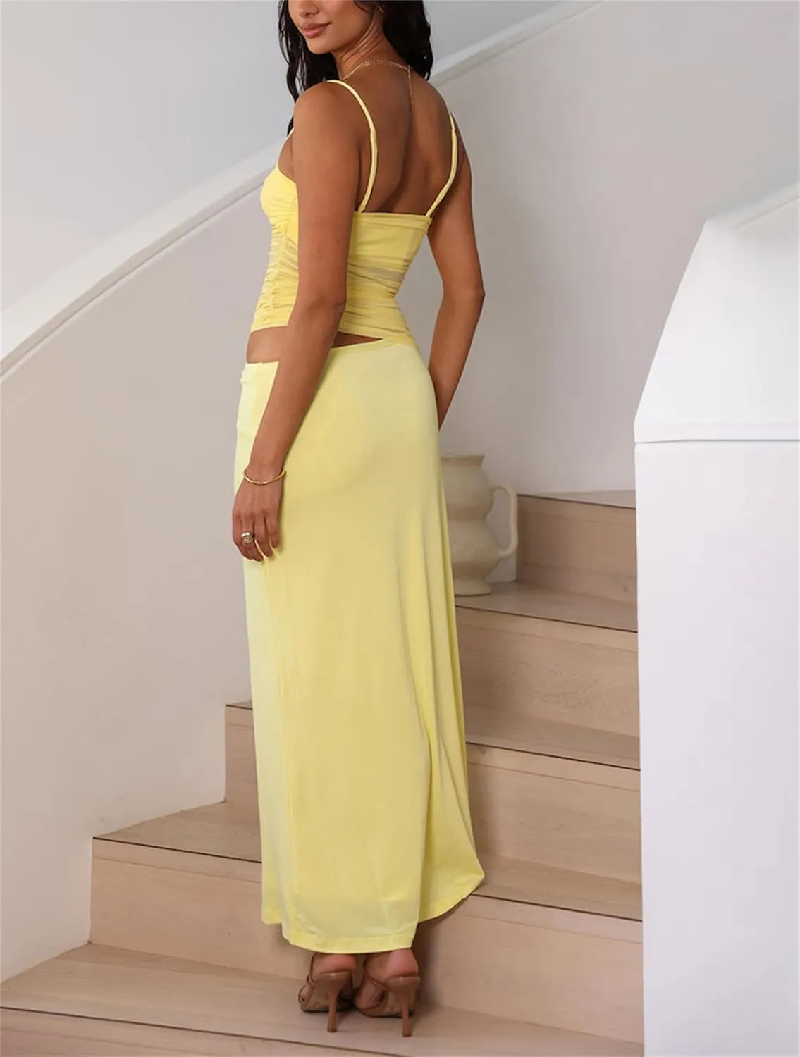 Two Piece Skirt Set for Women - Summer Vacation Outfits Sleeveless Asymmetrical Mesh Tank Crop Top Maxi Long Skirts