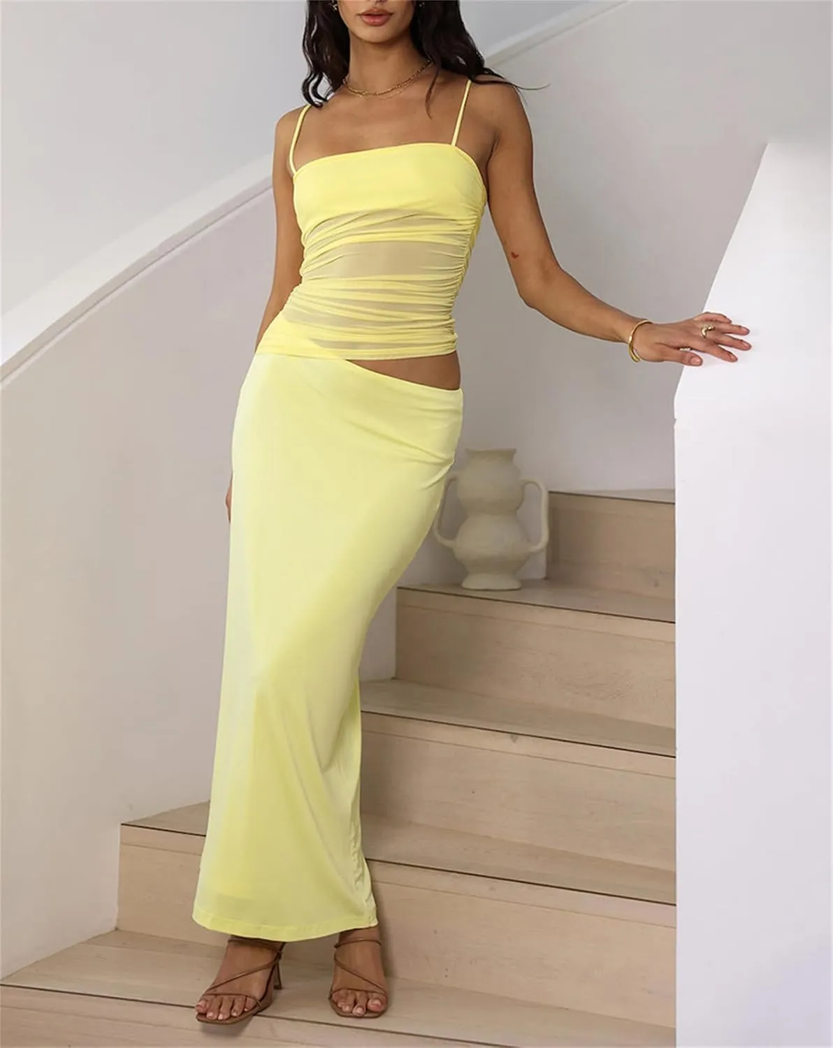 Two Piece Skirt Set for Women - Summer Vacation Outfits Sleeveless Asymmetrical Mesh Tank Crop Top Maxi Long Skirts
