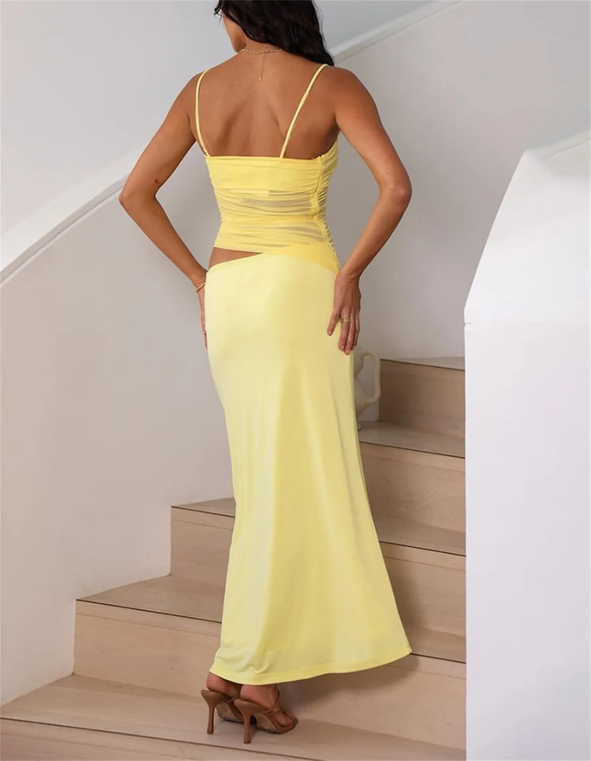Two Piece Skirt Set for Women - Summer Vacation Outfits Sleeveless Asymmetrical Mesh Tank Crop Top Maxi Long Skirts