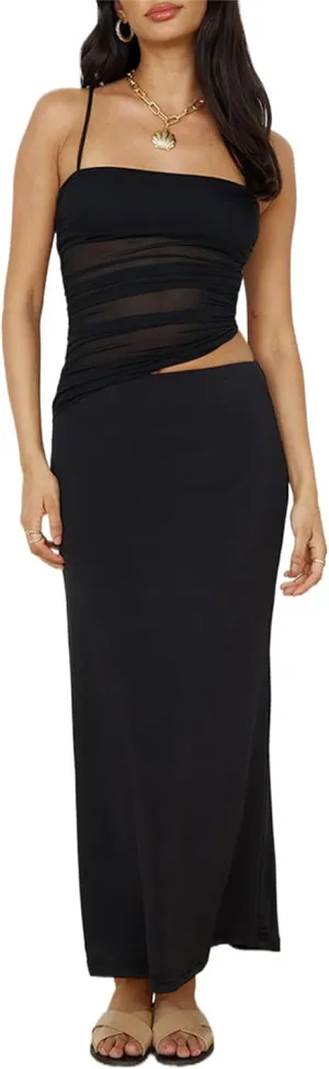 Two Piece Skirt Set for Women - Summer Vacation Outfits Sleeveless Asymmetrical Mesh Tank Crop Top Maxi Long Skirts