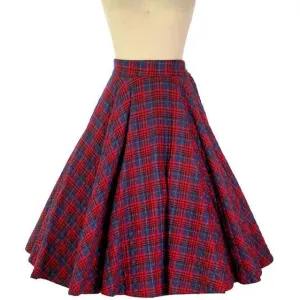 Vintage Circle Skirt Quilted Red Navy Blue Plaid 1950s 24-27" Waist Small