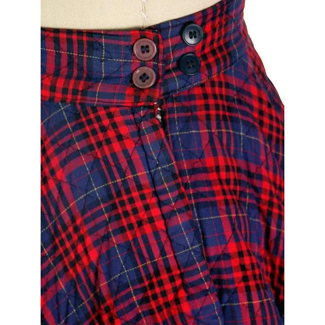 Vintage Circle Skirt Quilted Red Navy Blue Plaid 1950s 24-27" Waist Small