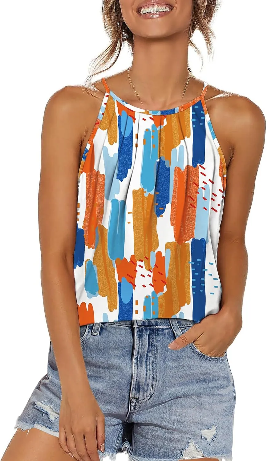 WIHOLL Womens Pleated Tank Tops Spaghetti Strap Camisole Halter Tops Curved Hem Fashion 2025