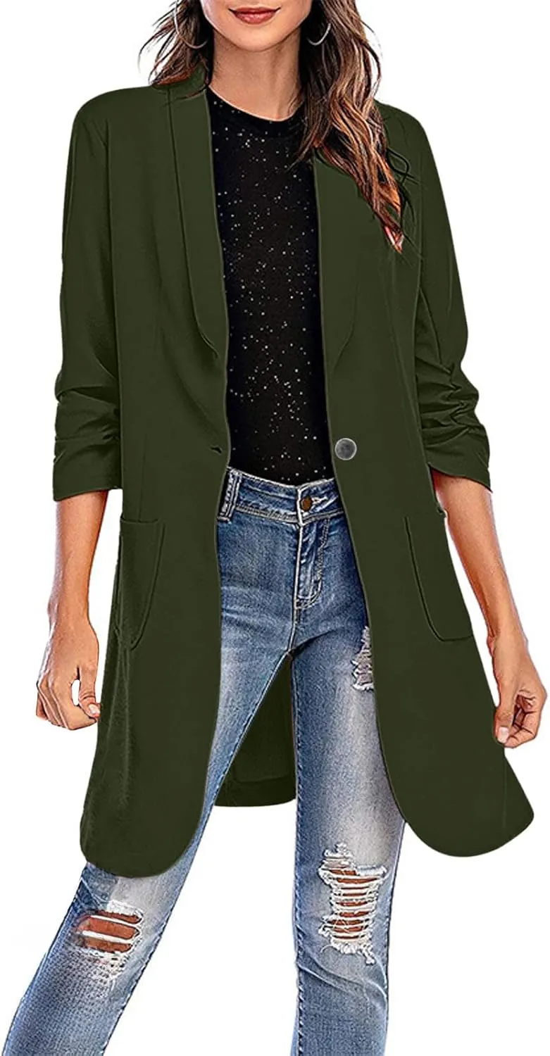 Women Casual Pockets Blazer Long Sleeve Single Button Ladies Elegant Boyfriend Suit Jacket for Office Work Business