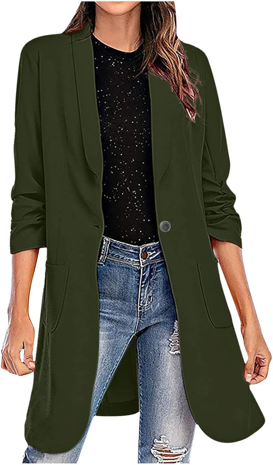 Women Casual Pockets Blazer Long Sleeve Single Button Ladies Elegant Boyfriend Suit Jacket for Office Work Business
