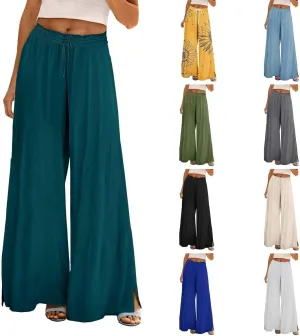 Women Summer Boho Palazzo Pants High Waist Wide Leg Flowy Pants Beach Drawstring Casual Side Slit Trousers Pockets