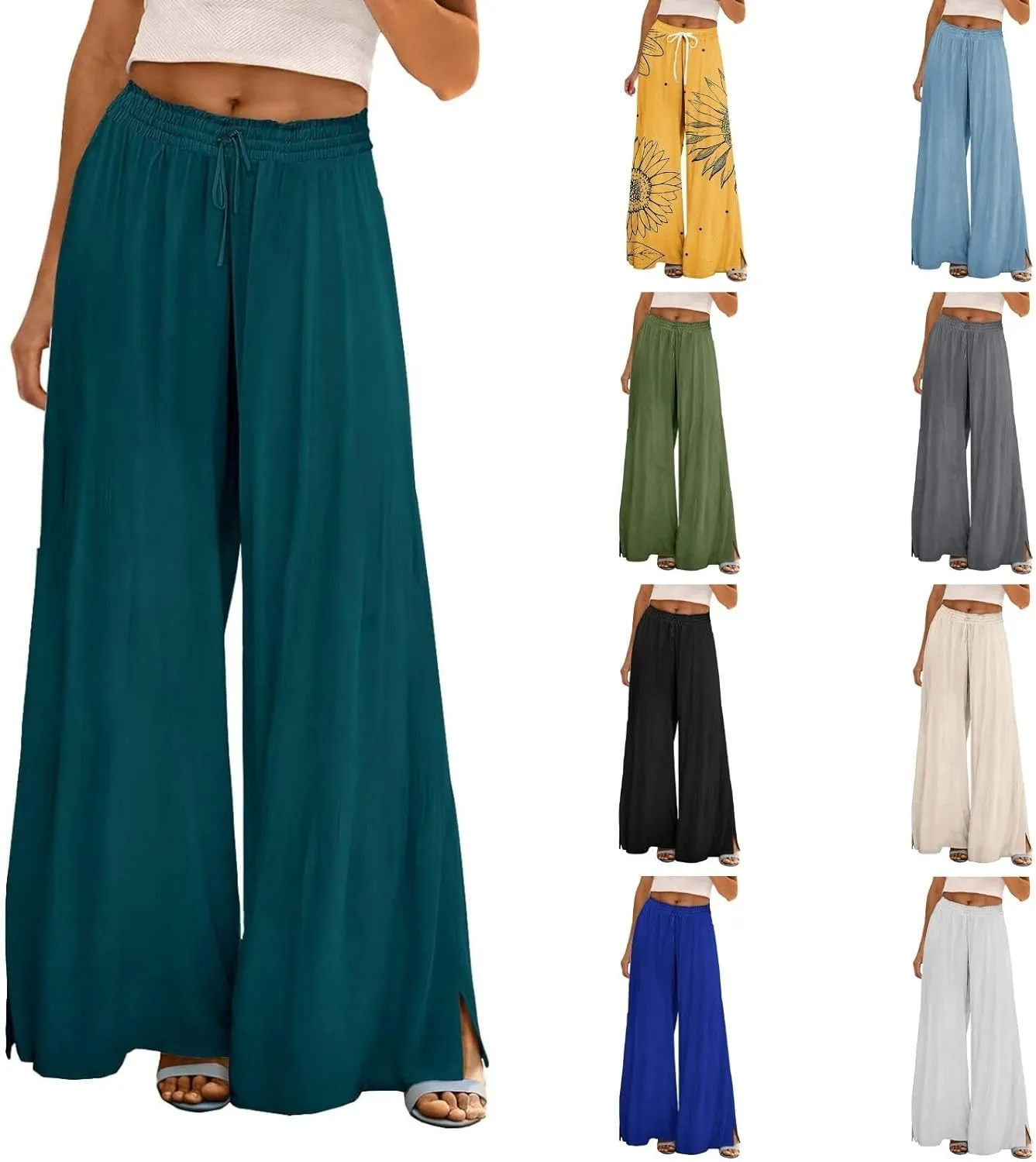 Women Summer Boho Palazzo Pants High Waist Wide Leg Flowy Pants Beach Drawstring Casual Side Slit Trousers Pockets