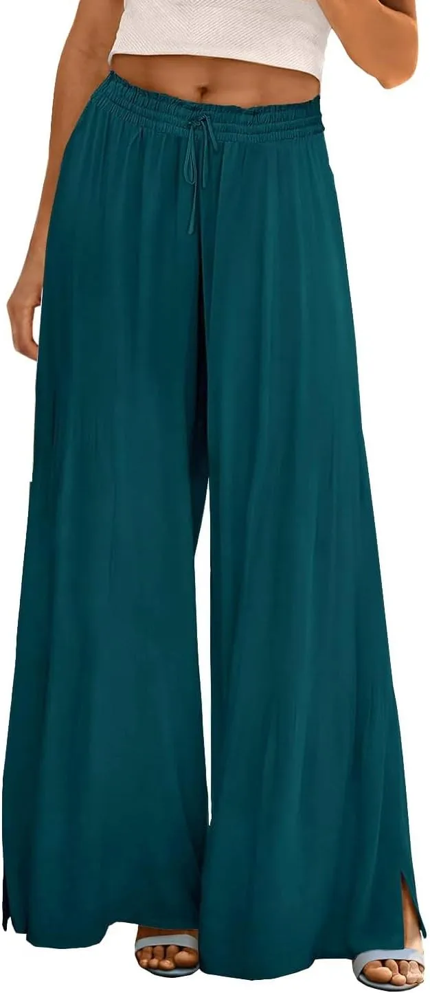 Women Summer Boho Palazzo Pants High Waist Wide Leg Flowy Pants Beach Drawstring Casual Side Slit Trousers Pockets