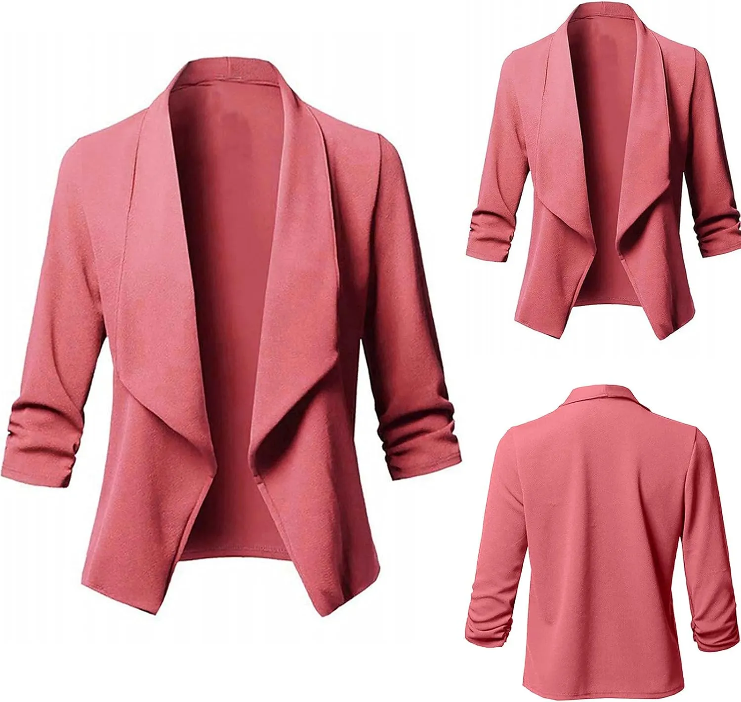 Women's Blazer Jackets Casual Ruched 3/4 Sleeve Open Front Cardigan Blazers Solid Color Stretchy Work Office Coats