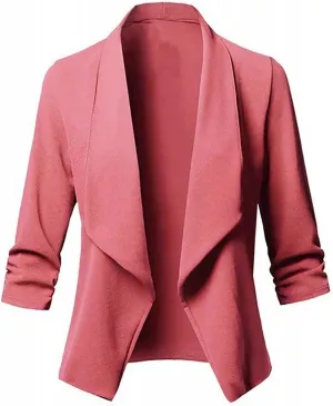 Women's Blazer Jackets Casual Ruched 3/4 Sleeve Open Front Cardigan Blazers Solid Color Stretchy Work Office Coats