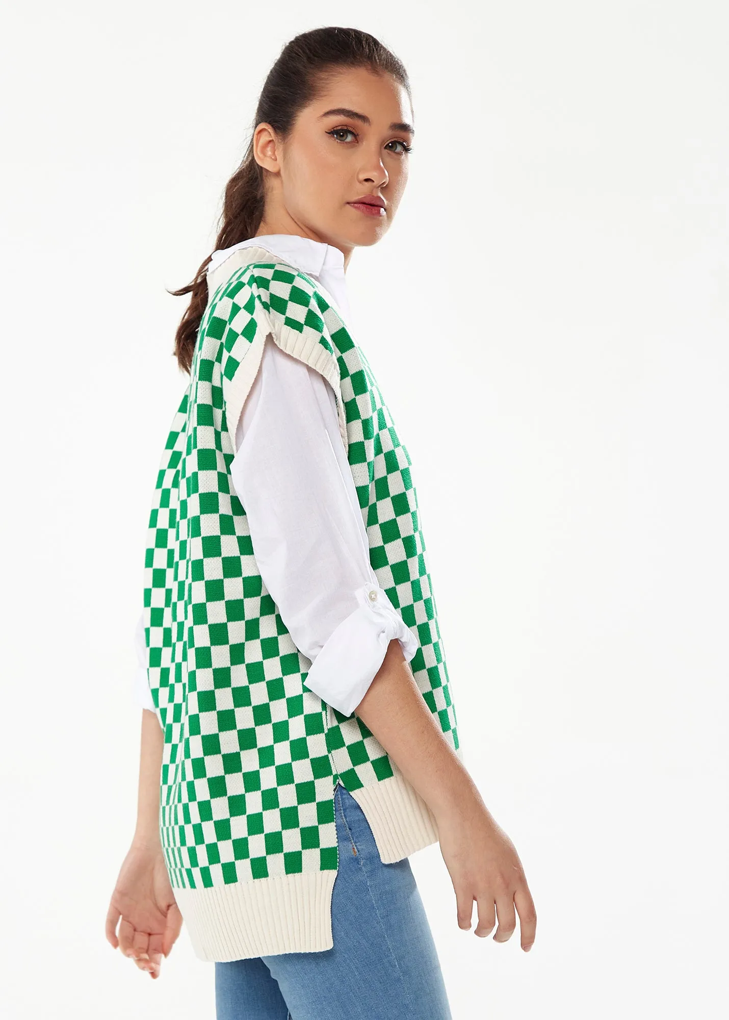 Women's Chequered Knitted Vest in Green and Cream - V-Neck, Distinctive Print, Longer Back Hem, Comfortable Fit.