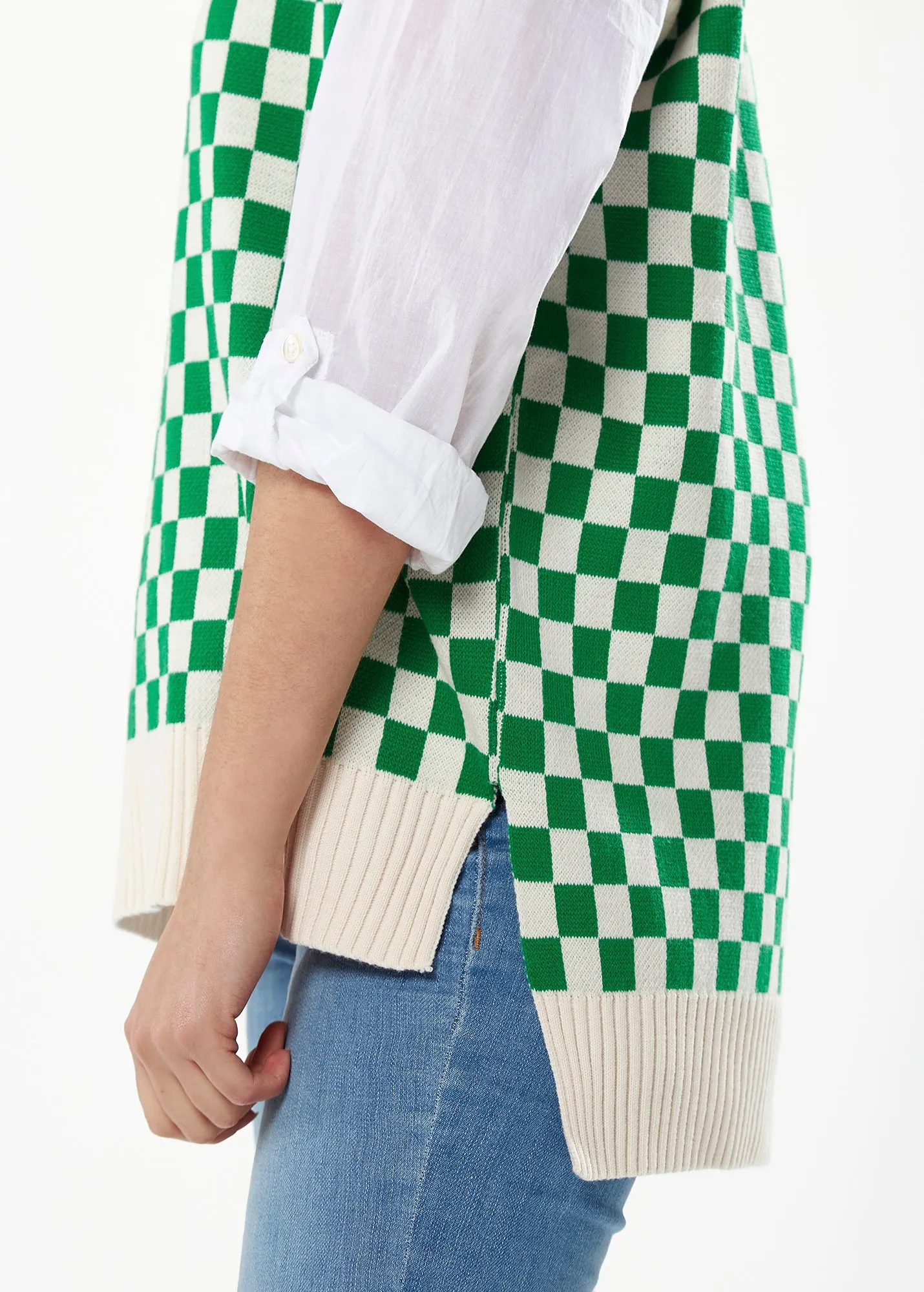Women's Chequered Knitted Vest in Green and Cream - V-Neck, Distinctive Print, Longer Back Hem, Comfortable Fit.
