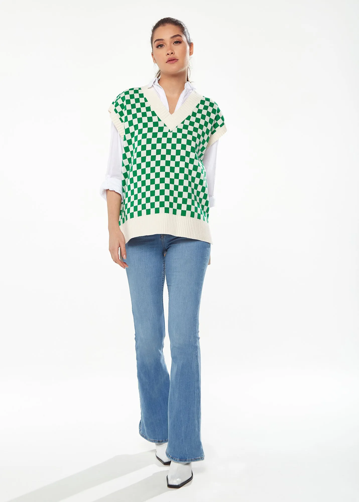 Women's Chequered Knitted Vest in Green and Cream - V-Neck, Distinctive Print, Longer Back Hem, Comfortable Fit.