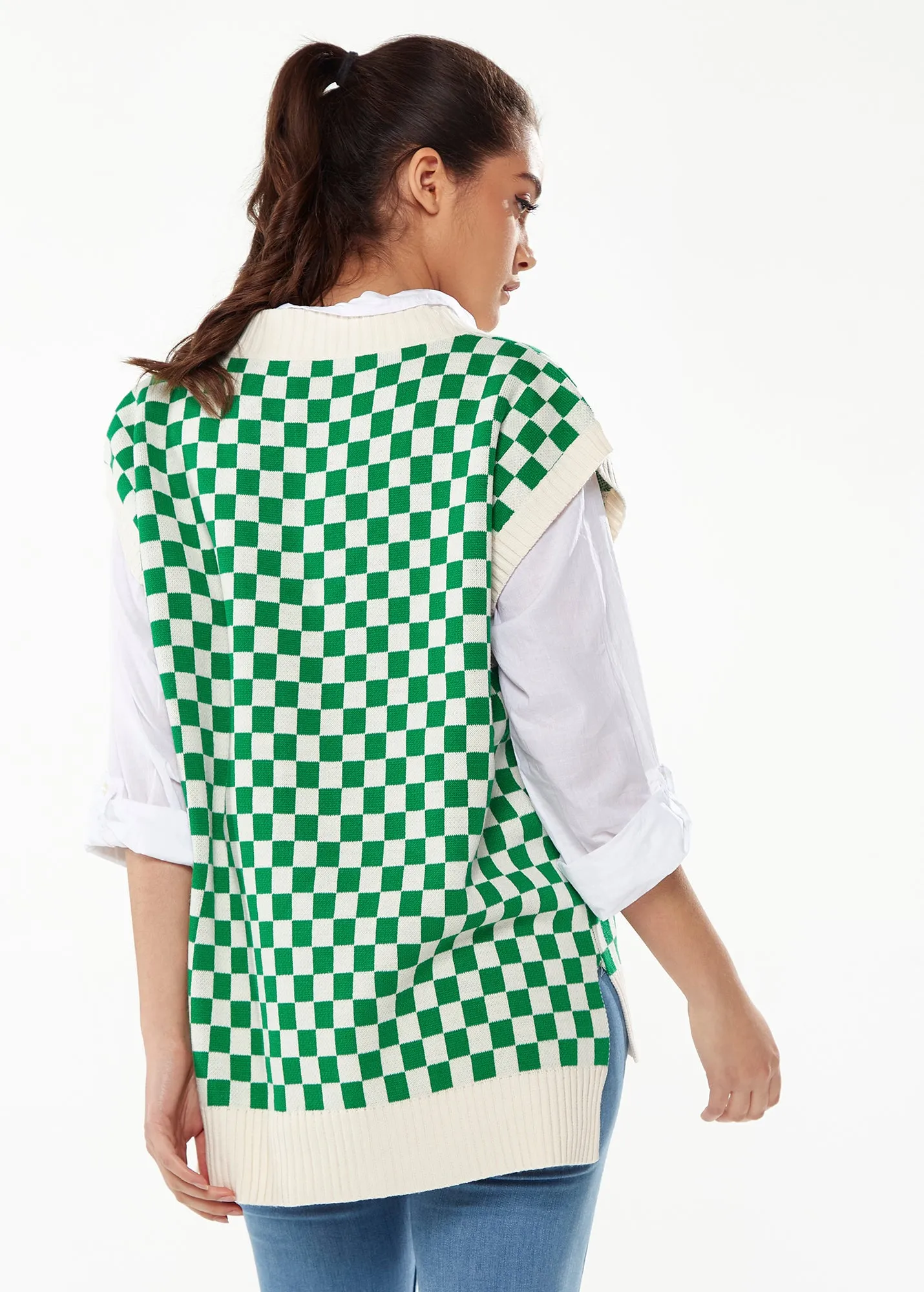 Women's Chequered Knitted Vest in Green and Cream - V-Neck, Distinctive Print, Longer Back Hem, Comfortable Fit.