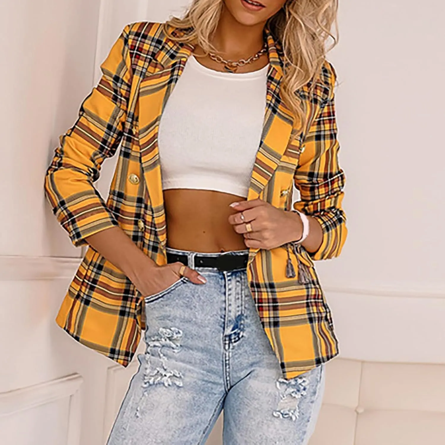 Women's Fashion Elegant Plaid Blazer, Long Sleeve Button Business Jacket Notched Lapel Slim Work Office Blazer Coat
