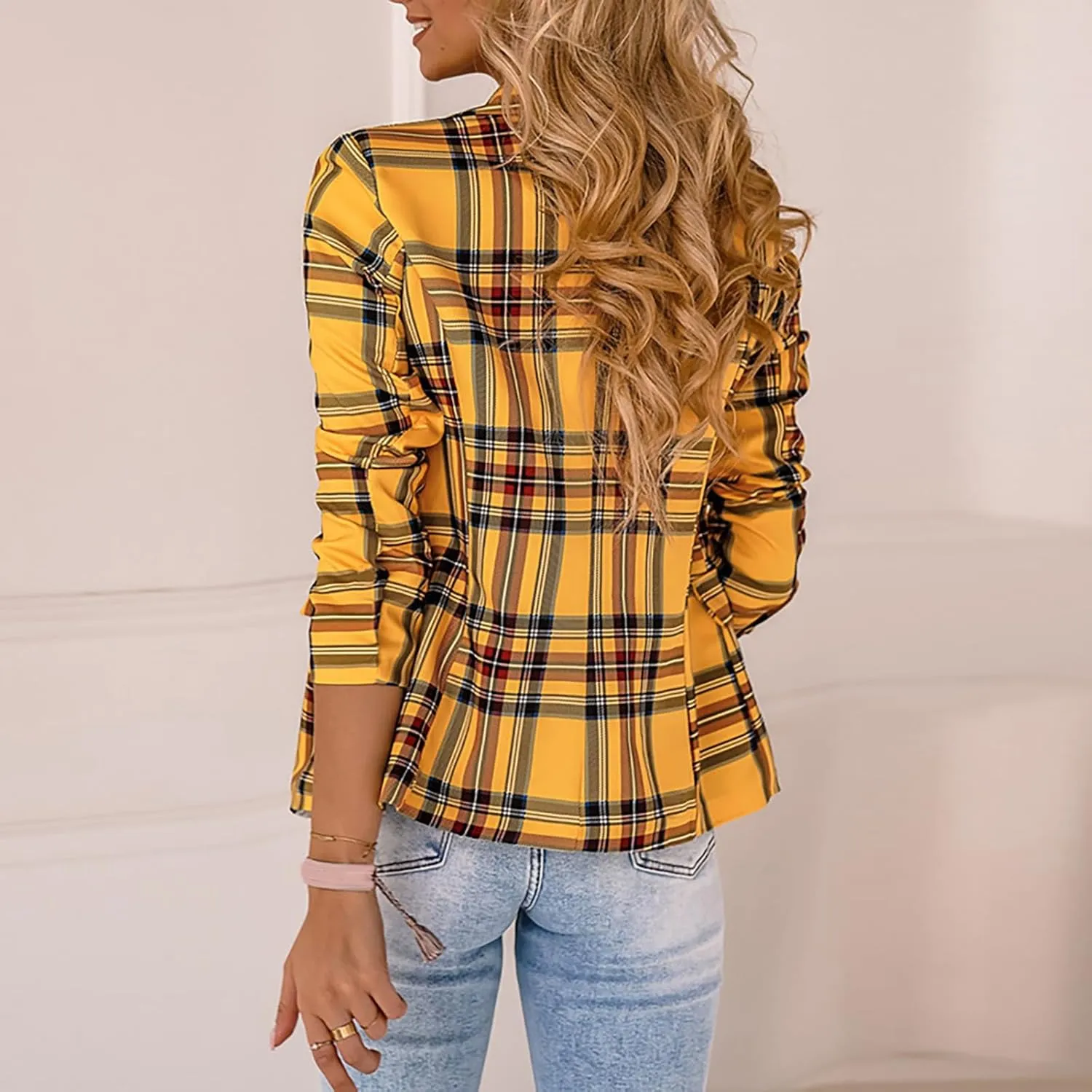 Women's Fashion Elegant Plaid Blazer, Long Sleeve Button Business Jacket Notched Lapel Slim Work Office Blazer Coat