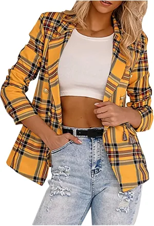 Women's Fashion Elegant Plaid Blazer, Long Sleeve Button Business Jacket Notched Lapel Slim Work Office Blazer Coat