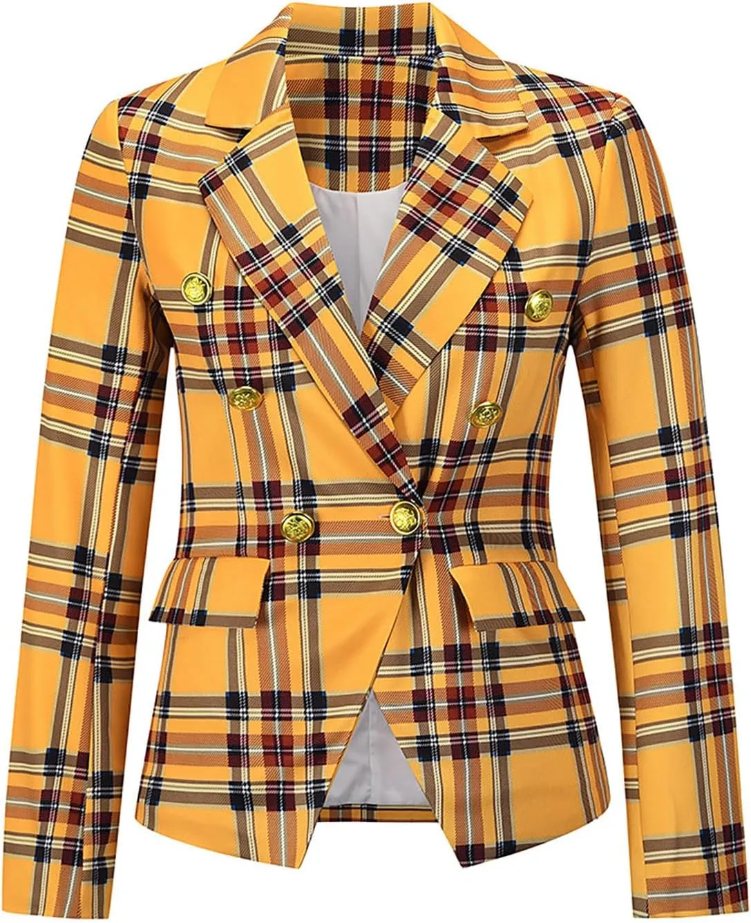 Women's Fashion Elegant Plaid Blazer, Long Sleeve Button Business Jacket Notched Lapel Slim Work Office Blazer Coat
