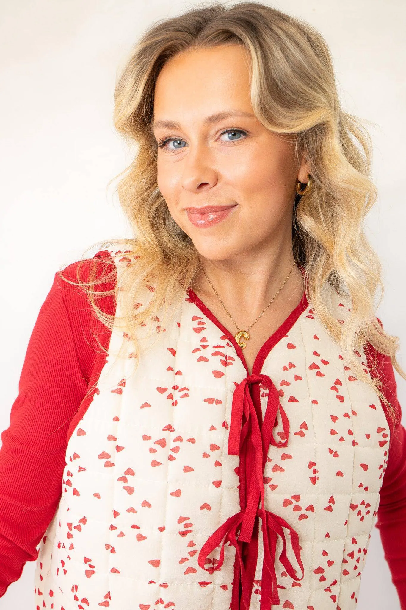 Women's Heart Print Tie-Front Puffer Vest