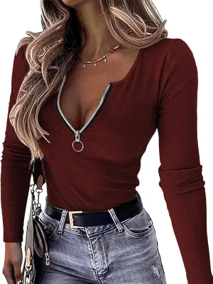 Womens Sexy Tops Long Sleeve Henley Shirts Fitted Low Cut Tops Ribbed Zipper V Neck Cleavage Fall Shirts Blouses