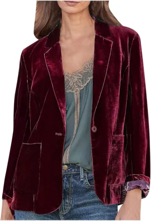 Women's Solid Long Sleeve Velvet Blazer Jacket Open Front Cardigan Coat with Pockets Fashion Casual Blazers Outerwear