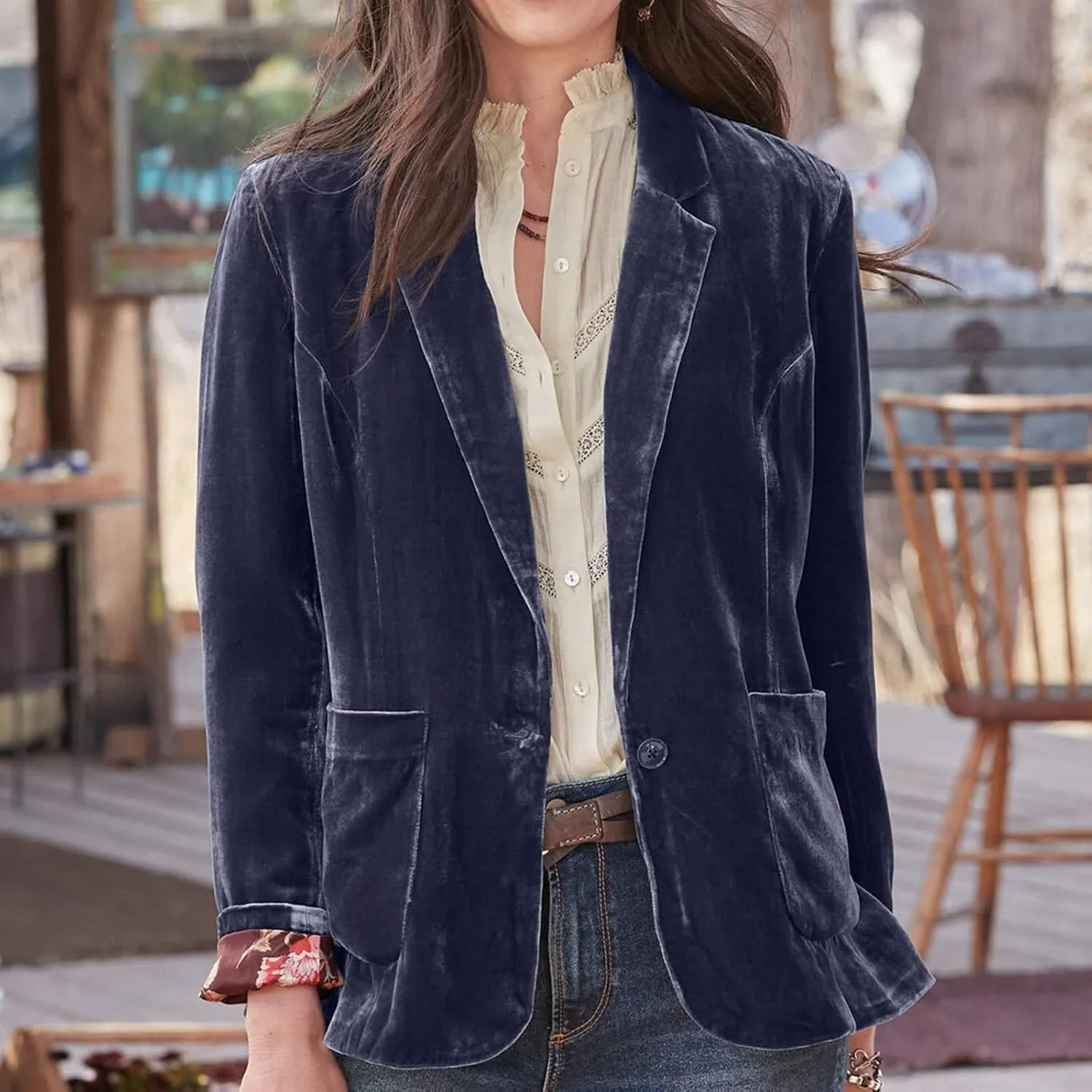 Women's Solid Long Sleeve Velvet Blazer Jacket Open Front Cardigan Coat with Pockets Fashion Casual Blazers Outerwear